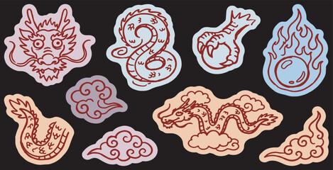 Fototapeta premium Collection of stylized Asian dragons and clouds in a flat design style.