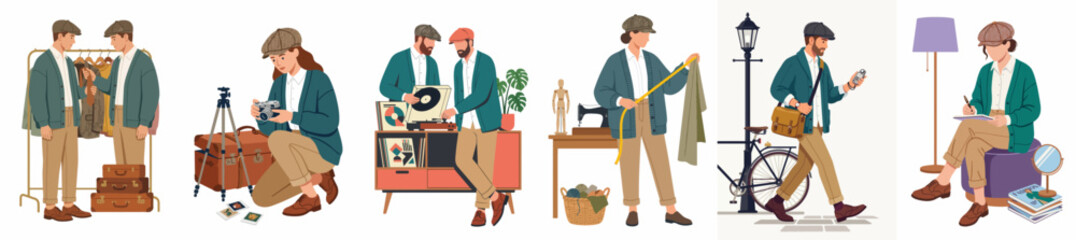 Fototapeta premium Flat illustration set of a young man enjoying various vintage-themed hobbies and activities including photography, fashion, and listening to vinyl records.