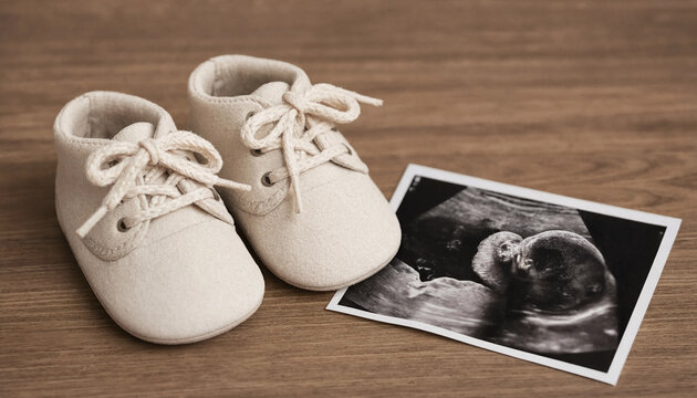 A pair of small white baby shoes next to an ultrasound scan on a wooden background
