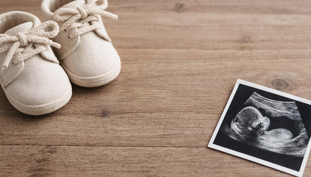 Pair of small white baby shoes next to a sonogram image on a rustic wooden background