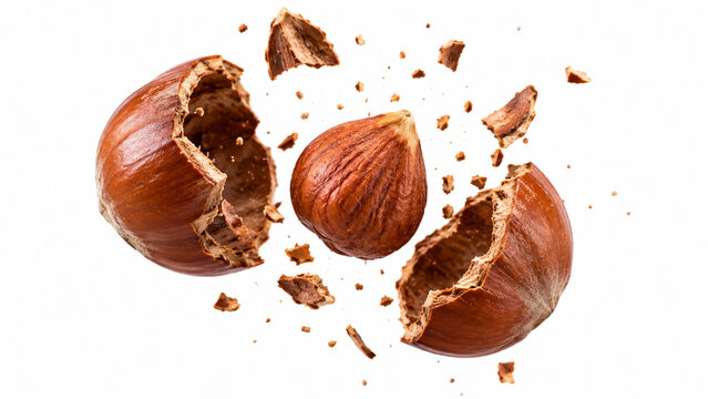 Fresh hazelnuts with partially cracked shells on clean white background