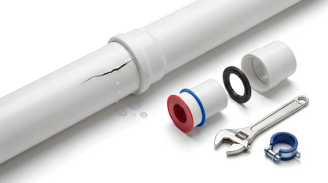 Cracked white PVC pipe with water leak, plumbing repair tools and spare parts on white background, home maintenance and drainage system fix