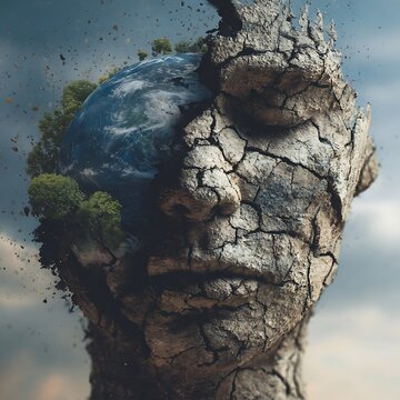 A surreal cracked earth face merges with the planet Earth, symbolizing nature, environmental fragility, and human connection to the planet.