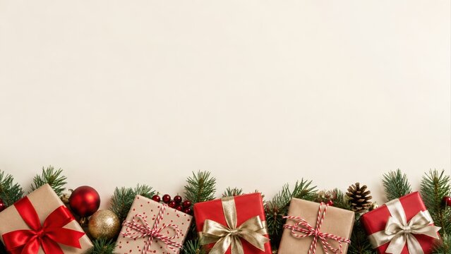 wrapped christmas gifts with red and gold bows, green pine branches, pinecones and red baubles arranged along bottom border on white background