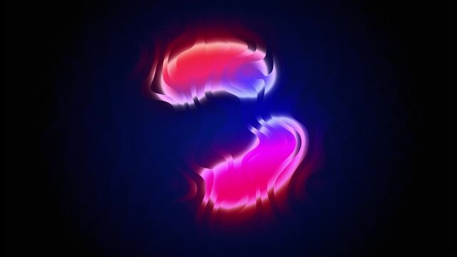 Glowing pink, purple and blue light shapes rotate around a flowing wavy background, creating a futuristic abstract motion graphics animation with dark space and copy space.
