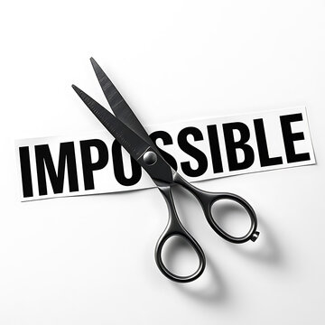 Black scissors cutting through a paper strip with the word impossible printed in bold letters