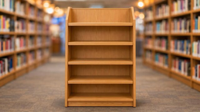 Empty wooden bookshelf in library, with bookshelves in the background.