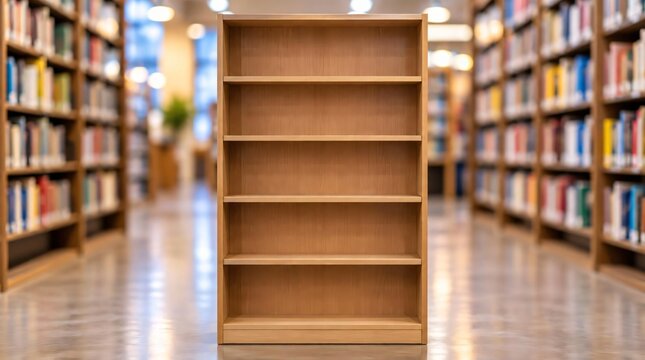 Empty wooden bookshelf in library, with bookshelves in the background.