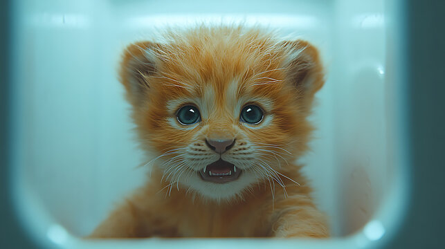 Realistic close-up of chimera cub blinking slowly in clinical white enclosure 