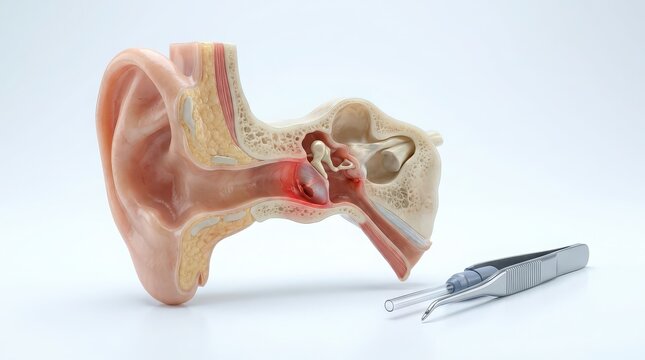 Human ear anatomy cross-section with inflamed eardrum and surgical tweezers Keywords: inflamed eardrum, ear infection, otitis media, human ear anatomy, cross section, inner ear, middle ear, outer
