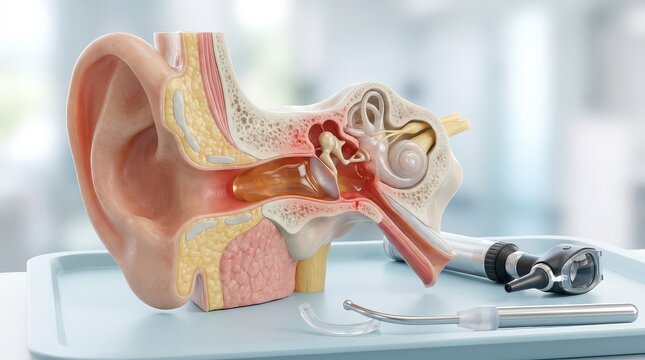 Medical illustration of human ear cross-section with earwax and medical instruments for cleaning impacted earwax