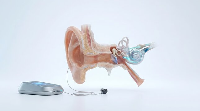 Anatomical cross-section of human ear with cochlea and auditory nerve, connected to hearing aid device