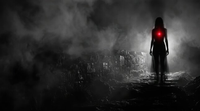 Cinematic Noir Banner of a Ghostly Silhouette with Glowing Crimson Chest Light in a Foggy Desolate Landscape with Copy Space