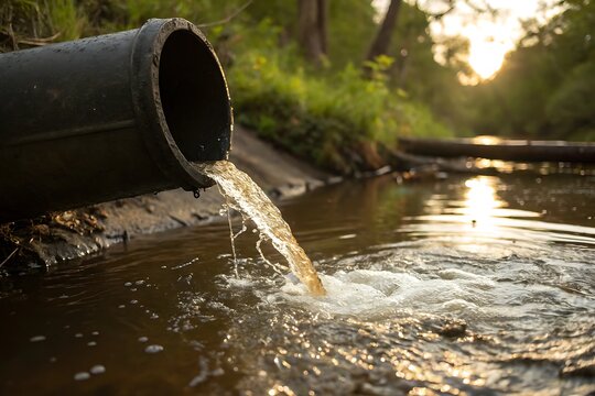 A large pipe discharging murky water into a small stream or channel