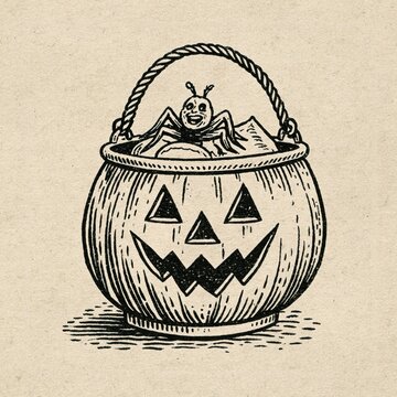 Vintage Halloween jack o lantern candy bucket with spooky bug