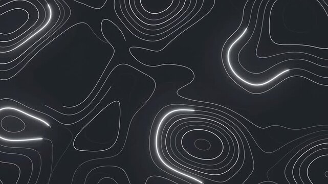 Stylized abstract dark topographic contour map elevation lines with glowing white neon waves moving dynamically across terrain surface for modern tech cartography background loop animations.