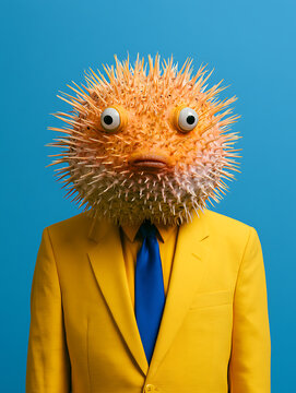 A bright yellow suit and a dark blue tie, with a head shaped like a puffed-up pufferfish