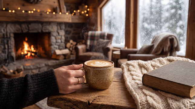 Moment de d&eacute;tente cocooning dans un chalet en bois avec une tasse de caf&eacute; fumante pr&egrave;s d'un feu de chemin&eacute;e
