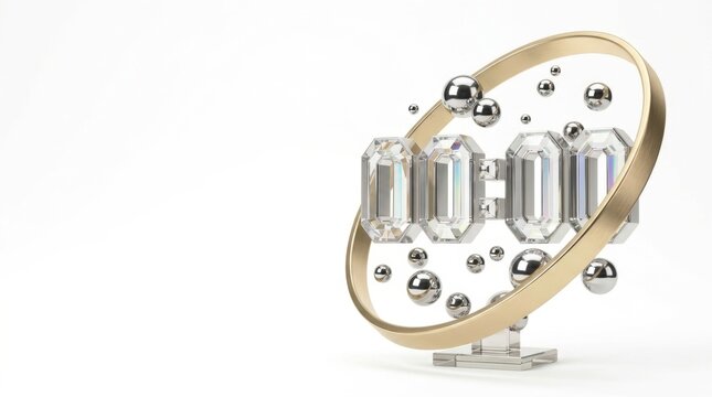 3D Render of Floating Platinum 00 00 Numbers with Gold Orbital Ring and Liquid Chrome Spheres Isolated on White Background