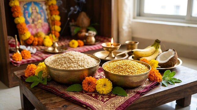 Traditional Bengali bhog ingredients arranged in bowls for religious offering on wooden table with natural light