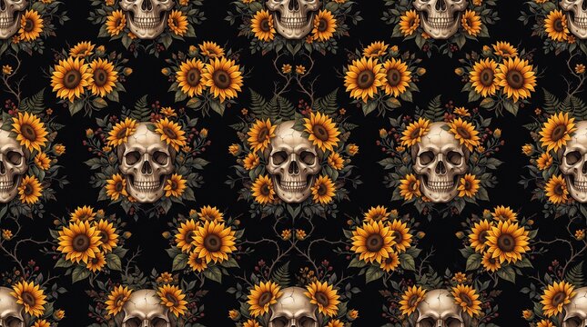 Sunflower Skull Day of Dead Pattern