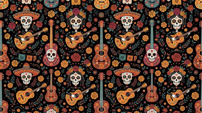 Day of the Dead skulls and guitars