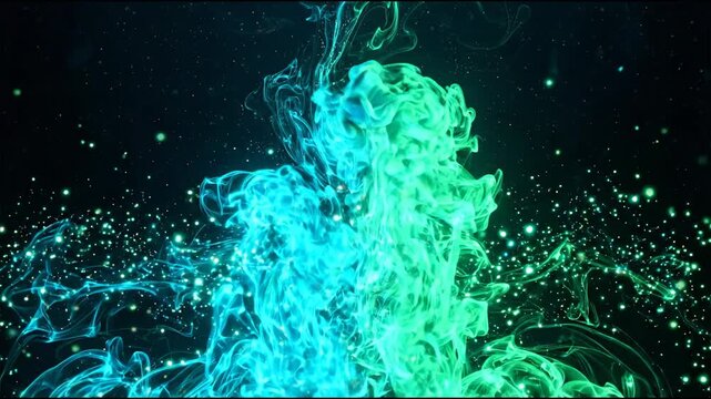 The animation shows colorful liquid swirls moving in dark surroundings. The shades of blue and green create interesting patterns and effects. This occurs continuously and looks smooth