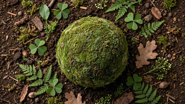 Natural materials surround an Earth inspired form in a symbolic conservation scene