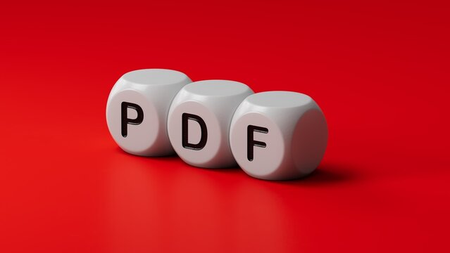 PDF.wooden dice spelling.Flat lay view from above on blue background with wooden dice buttons.IT technology concept.3D rendering.