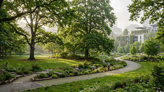 A sustainable urban park demonstrates a balanced relationship between modern cities and nature