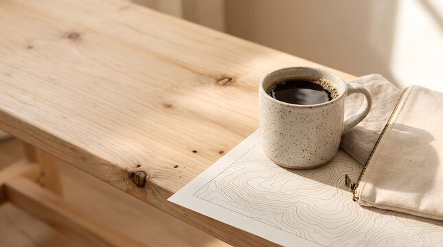 Speckled coffee mug on wooden bench with topographic map paper and canvas zip pouch in soft sunlight
