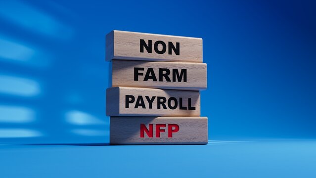 word NFP NON FARM PAYROLL with wood blocks. wood cubes. Copy space.3D rendering