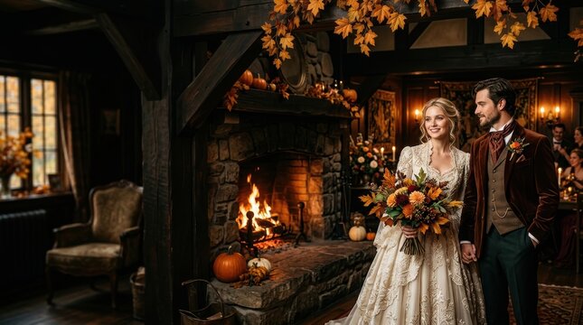 Romantic autumn wedding couple in a cozy rustic lodge with fireplace and baroque cinematic lighting.