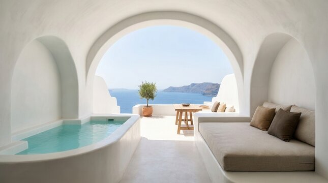 Minimalist luxury travel concept featuring a cave suite with white arched plaster walls, indoor pool, and Mediterranean sea terrace.