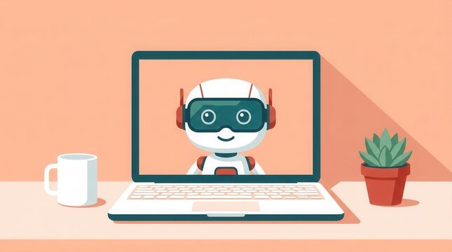 Remote work concept featuring a cartoon robot with VR headset on a laptop screen