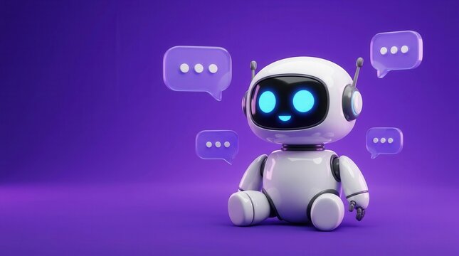 Speech bubbles surrounding a cute white robot on a purple background