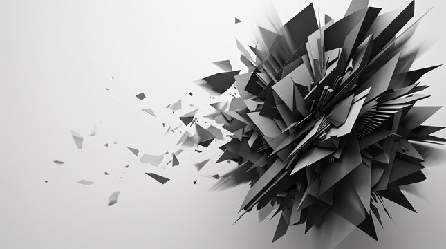 Abstract 3D black geometric shape exploding into shards, shattered polygonal crystal structure, fragmented pieces flying outward, modern digital art design