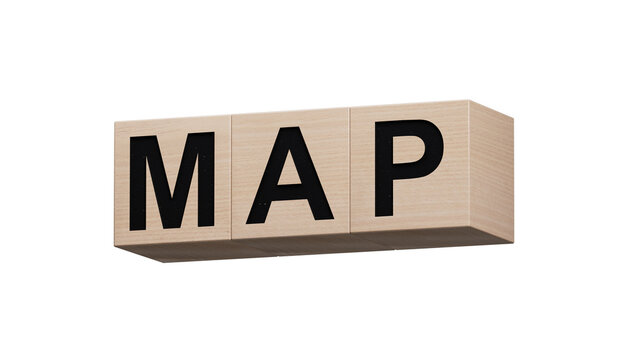 3D illustration of "MAP" in English, using a bold font. It conveys navigation and clarity.wooden cubes.Supports PNG files with transparent backgrounds.