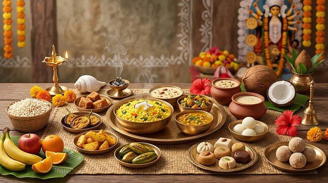 Traditional bengali durga puja food offerings arranged on decorative platter with sweets and fruits