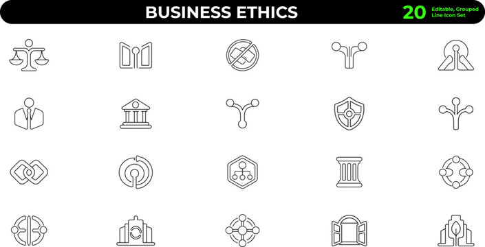 Business ethics line icons set, 20 editable stroke vector symbols for corporate integrity, professional moral compliance, honesty, justice, law, values and compliance web design ,grouped outline icon.