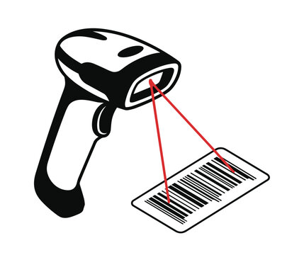 Handheld barcode scanner with red laser beams reading retail product code in black vector.