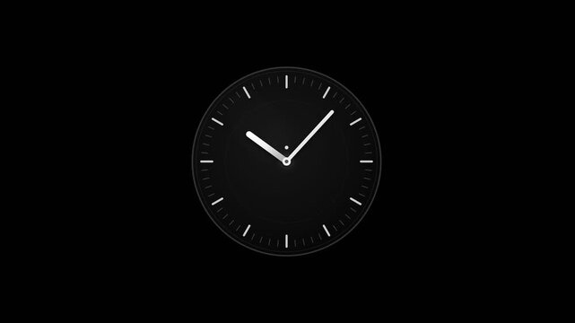 Minimalist analog clock design featuring white hands and markers on a dark black background. This sleek, modern timepiece illustration uses high contrast to create a clean and professional look.