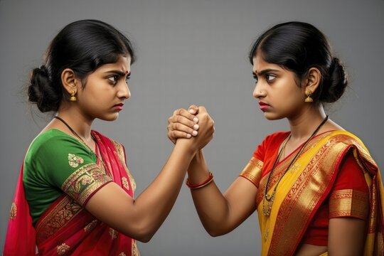 Two Young Indian Women In Traditional Sarees Arm Wrestling With Serious Determined Expressions