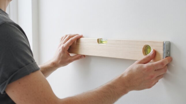 Person using a wooden spirit level tool to check a white wall for alignment
