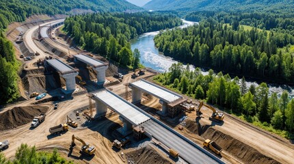 Obraz premium Aerial view of highway bridge construction site near river. Heavy machinery builds new road overpass with concrete pillars in green forest. Excavators, trucks work on infrastructure expansion project