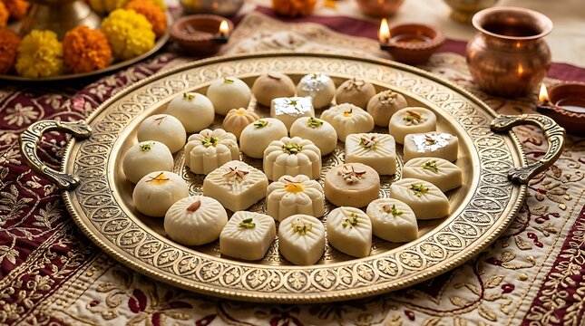 Traditional bengali sandesh sweets arranged on decorative brass plate with gold rim