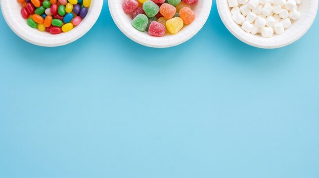 Assorted Candy in Paper Bowls on a Blue Background