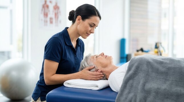 Physiotherapist treating a patient for vertigo using the Epley maneuver technique