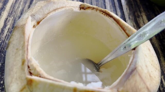 Fresh young coconut drink served inside opened shell with spoon