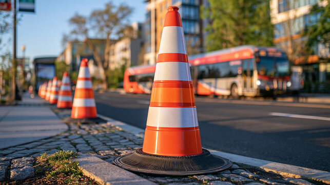 Wide-angle photographic scene showing an empty urban boulevard at sunrise with parked municipal buses visible near a distant transit stop, bright safety cones lining the curb, clean road surface, qu